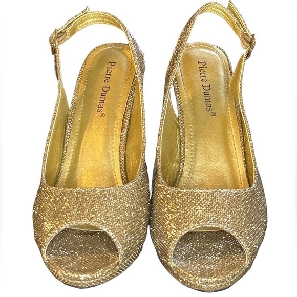 Pierre Dumas Women's Heels Tracy-3 Peep Toe Gold Fabric Sling Back Size-8.5 - Picture 2 of 4